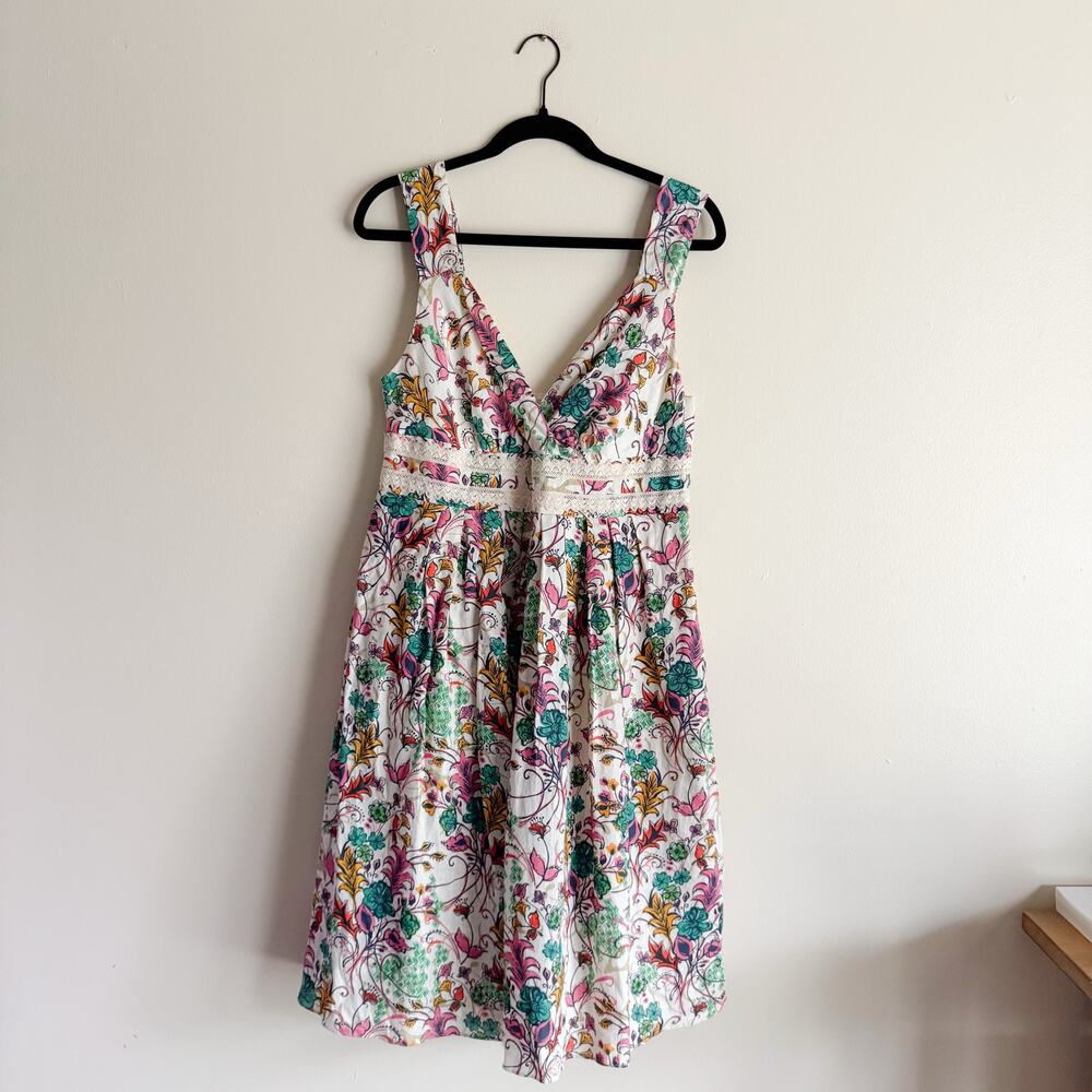 Sundance - Cream Floral Linen Midi Dress with Pink, Teal & Mustard Size 12